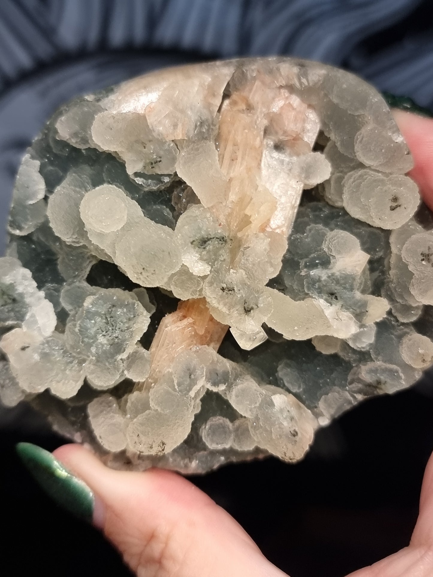 A grade smokey blue chalcedony with peach stilbite
