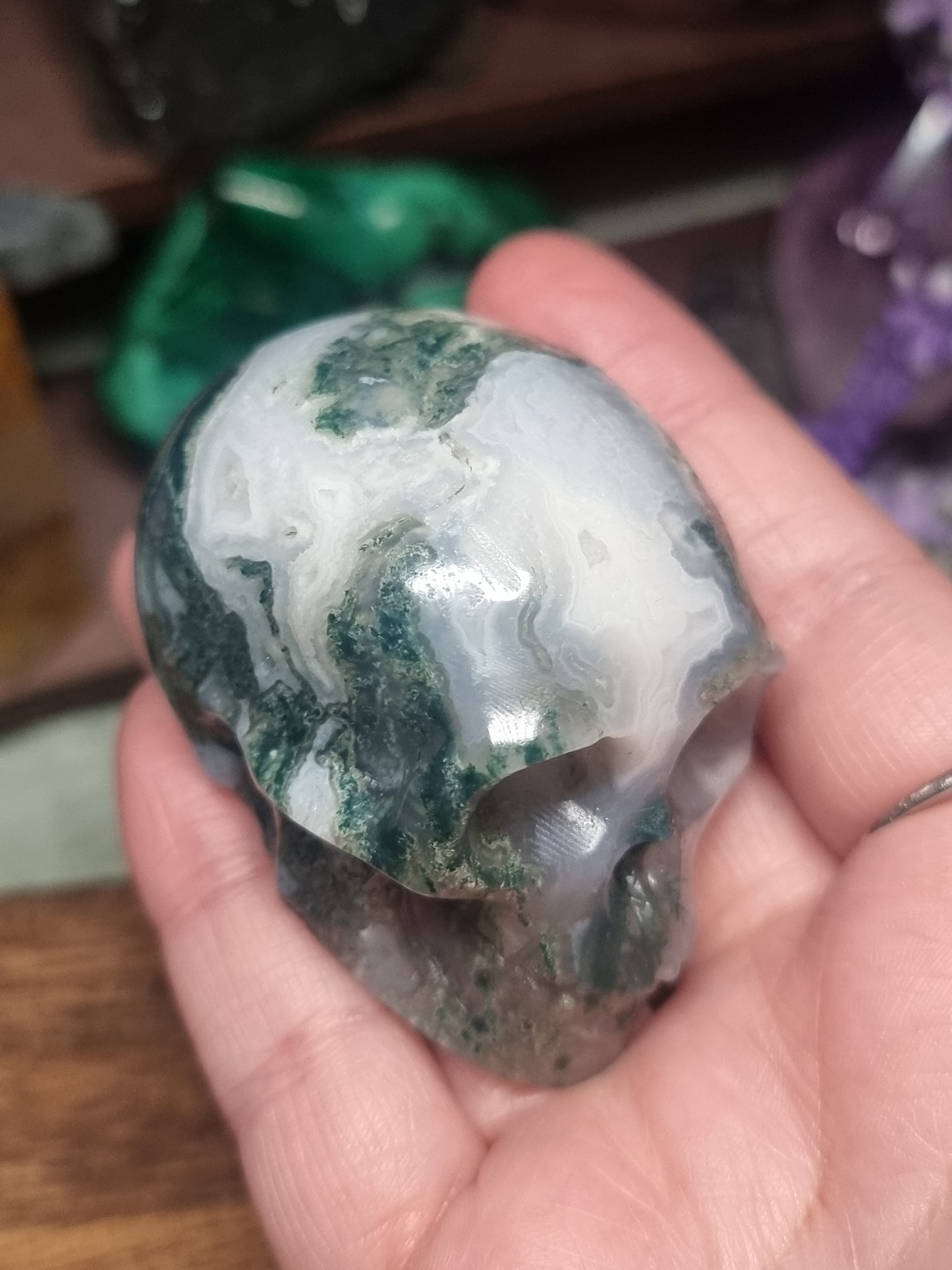 Moss agate skulls