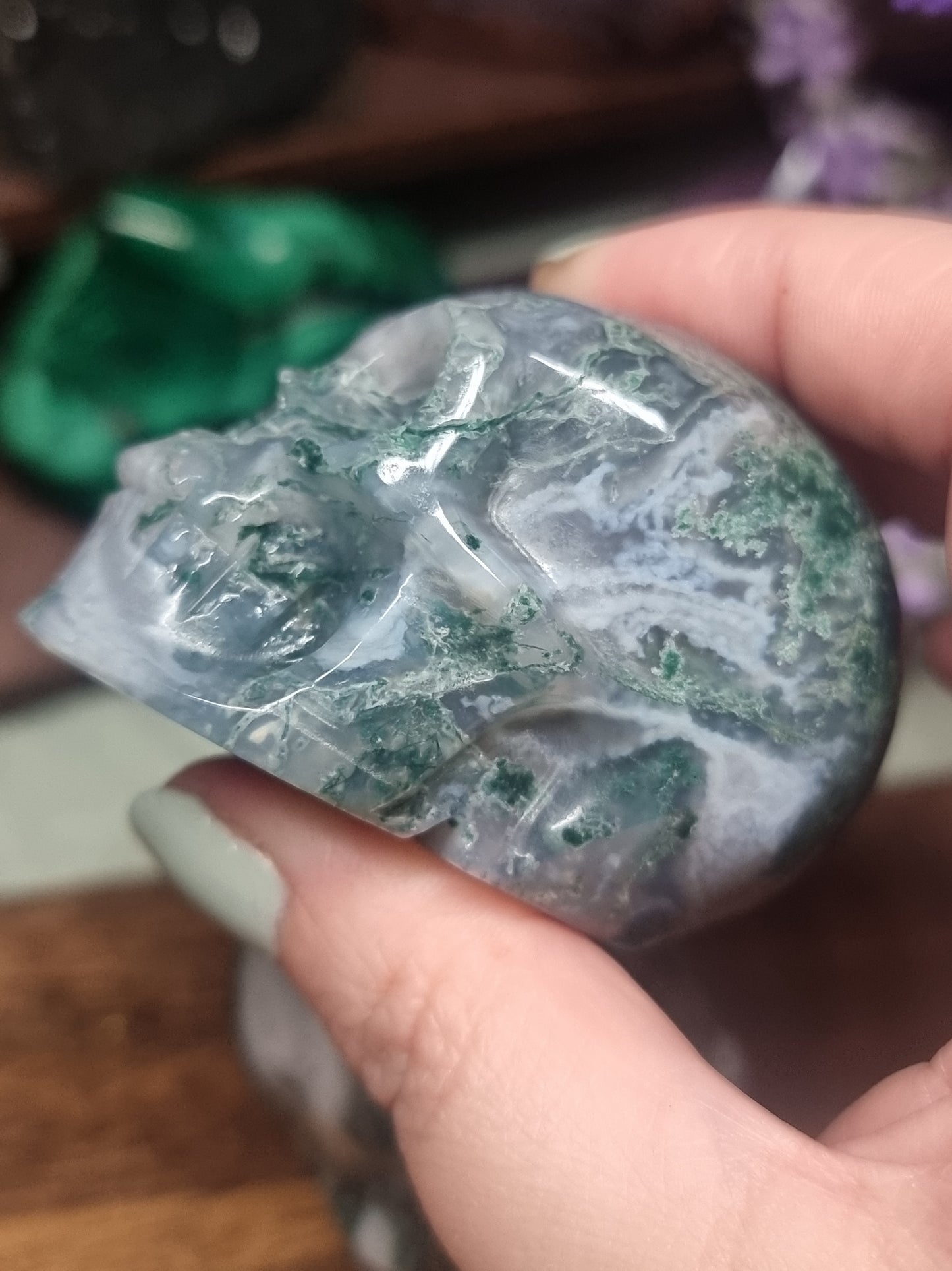 Moss agate skulls