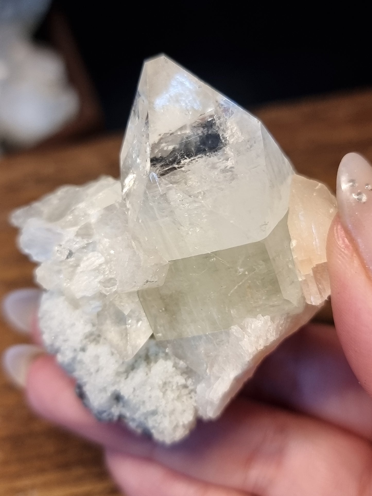 Gemmy green apophyllite with peach stilbite