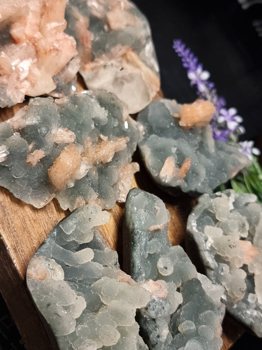 A grade smokey blue chalcedony with peach stilbite
