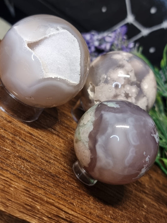 Green flower agate spheres