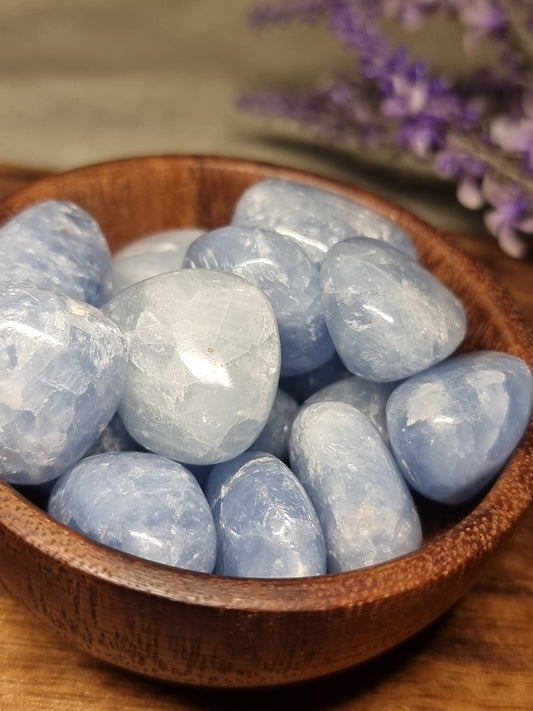 Blue calcite tumbles