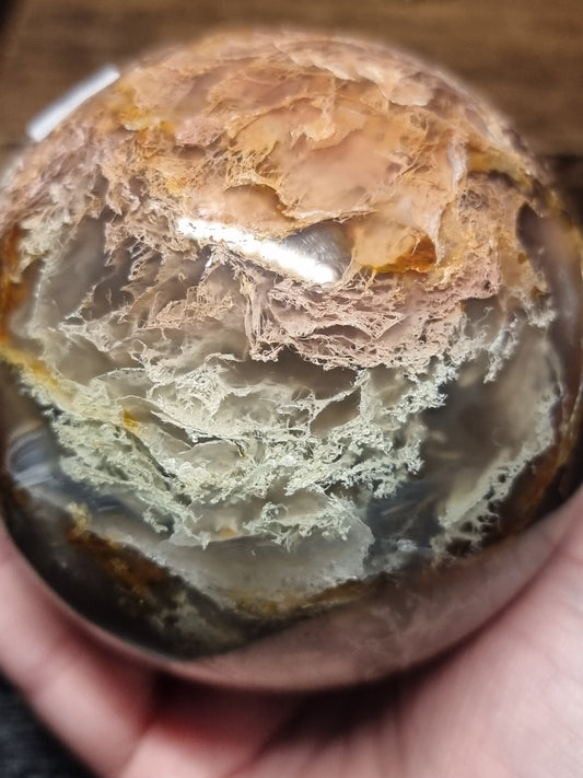 Colourful Moss agate sphere with small orca agate inclusions