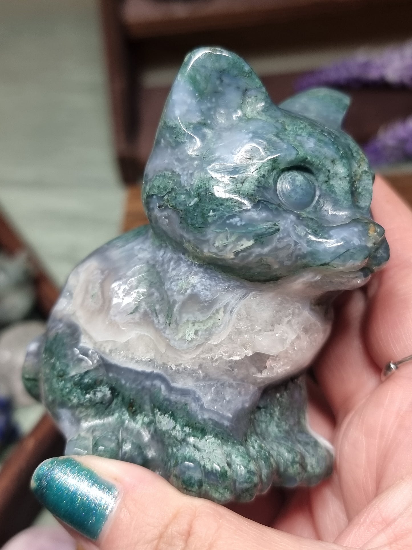Moss agate cat carvings
