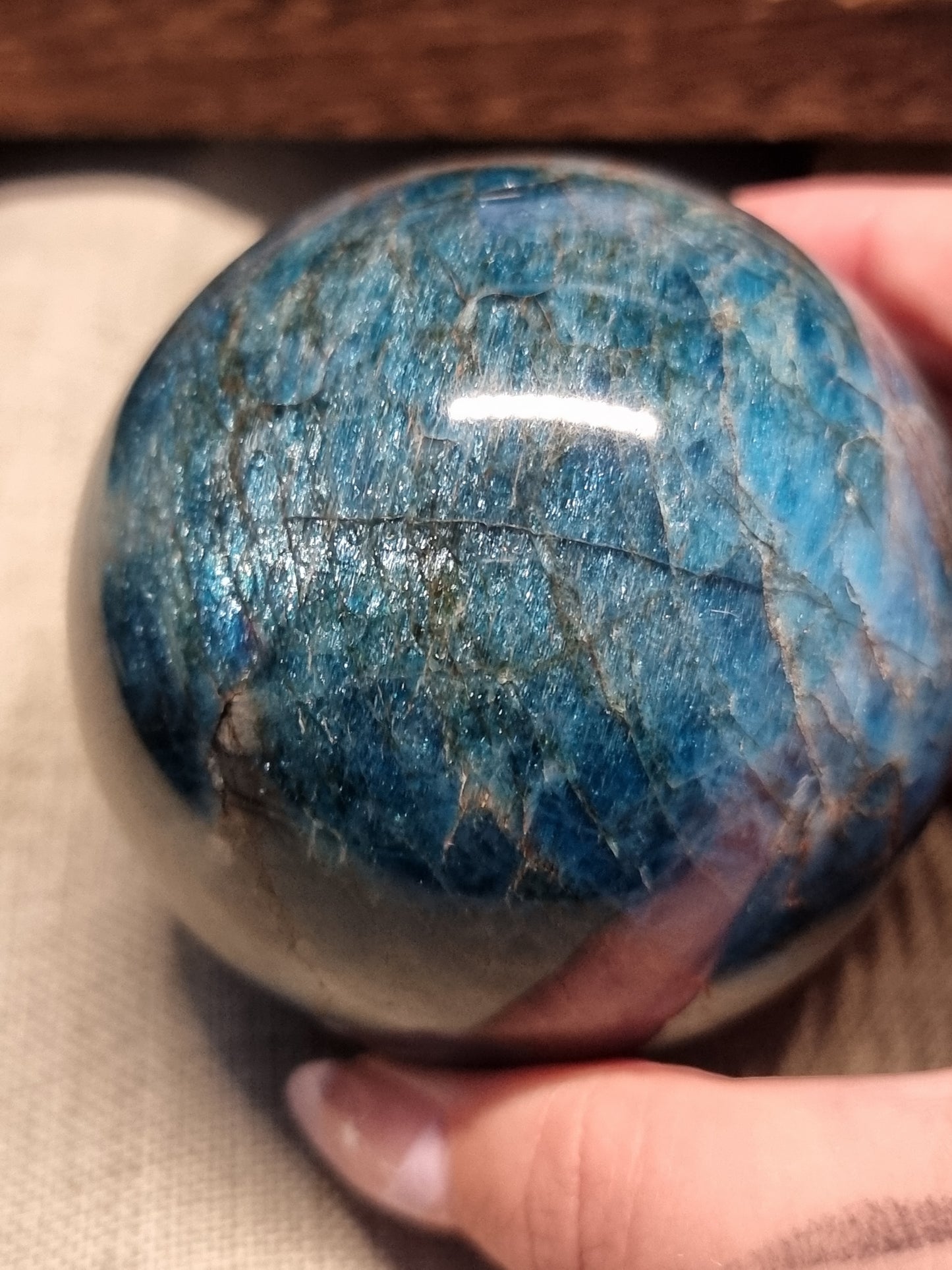 Blue apatite spheres