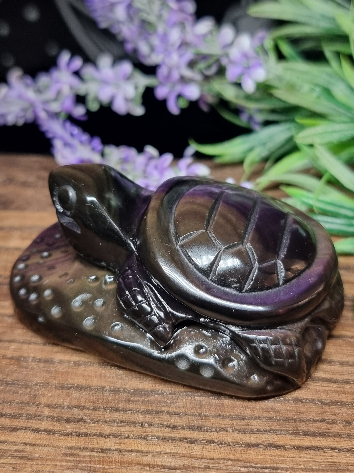 Rainbow obsidian turtle carving