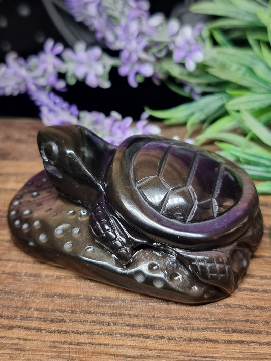 Rainbow obsidian turtle carving