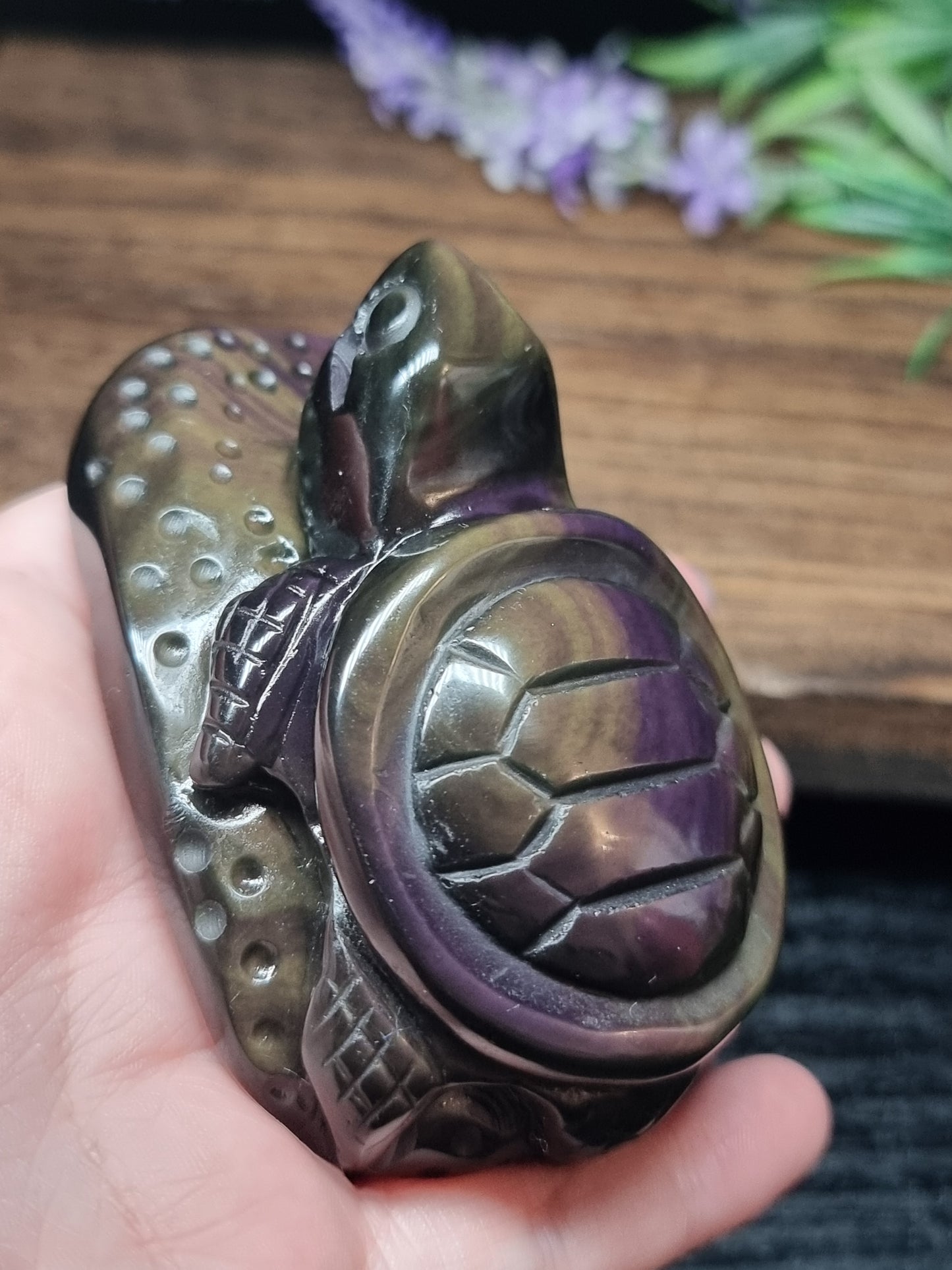 Rainbow obsidian turtle carving