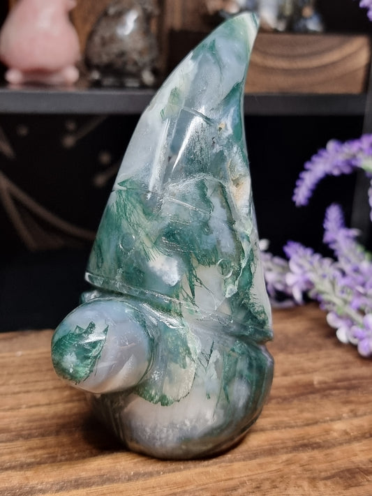 Moss agate gnome carving