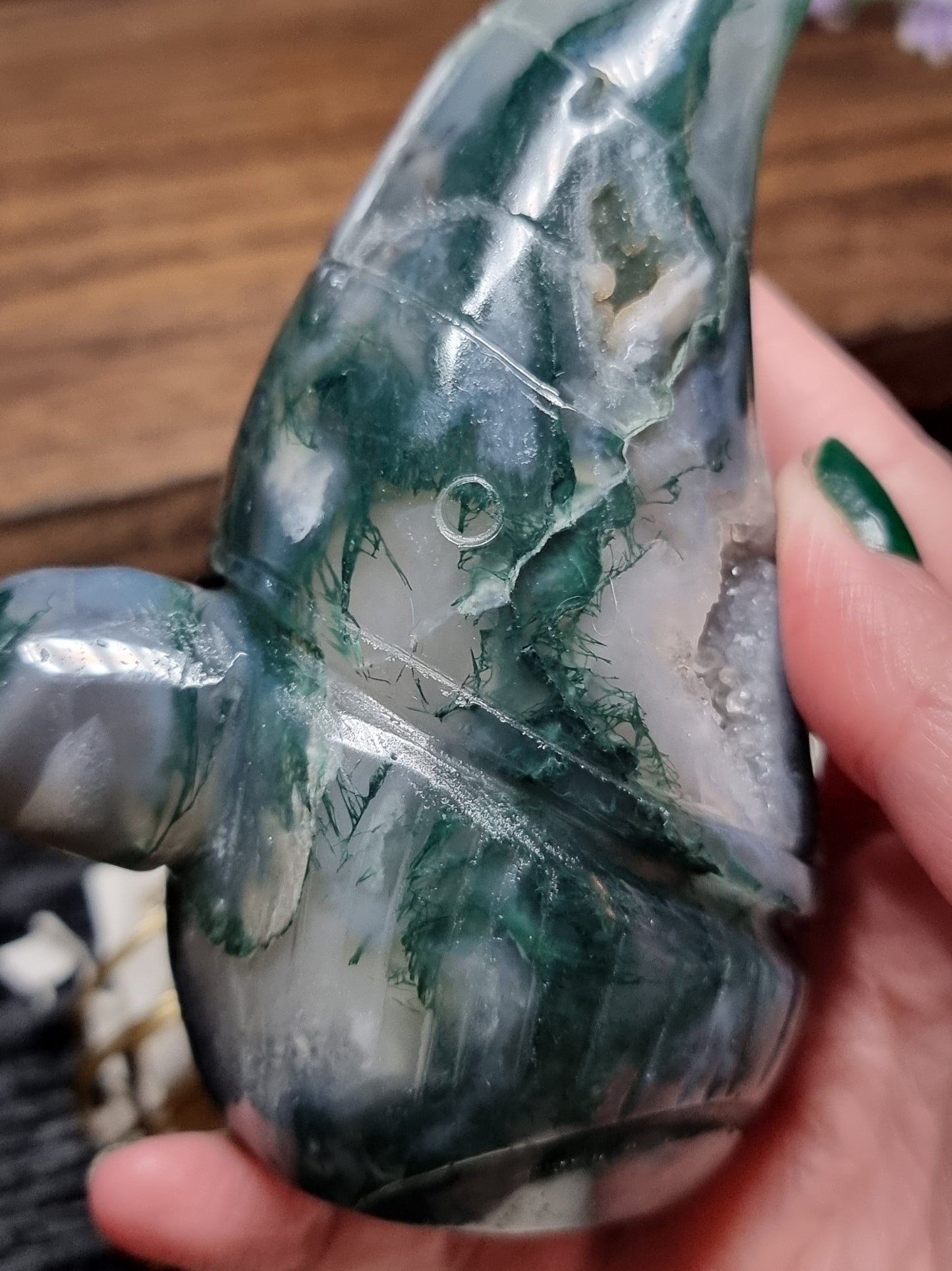 Moss agate gnome carving