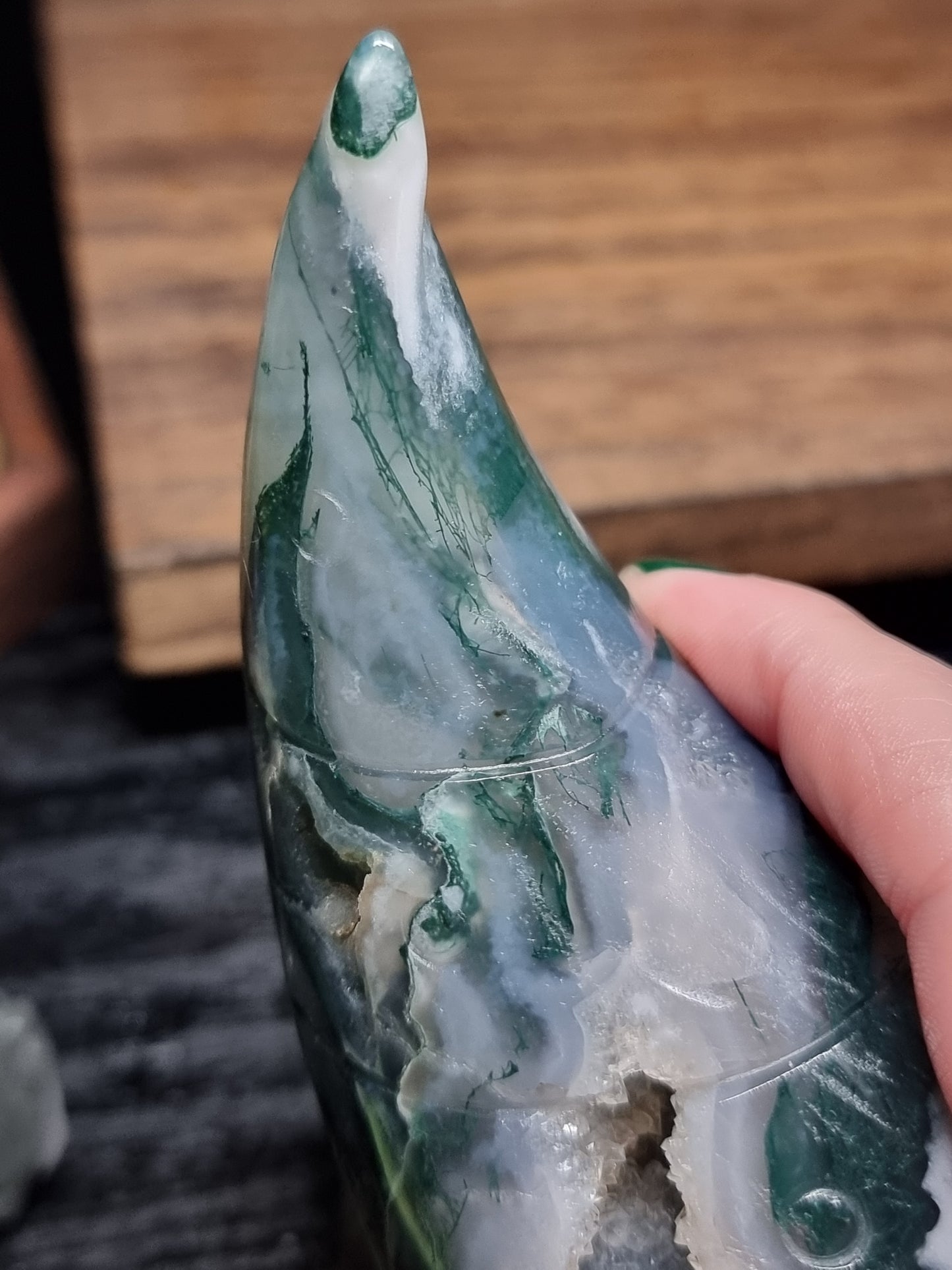 Moss agate gnome carving
