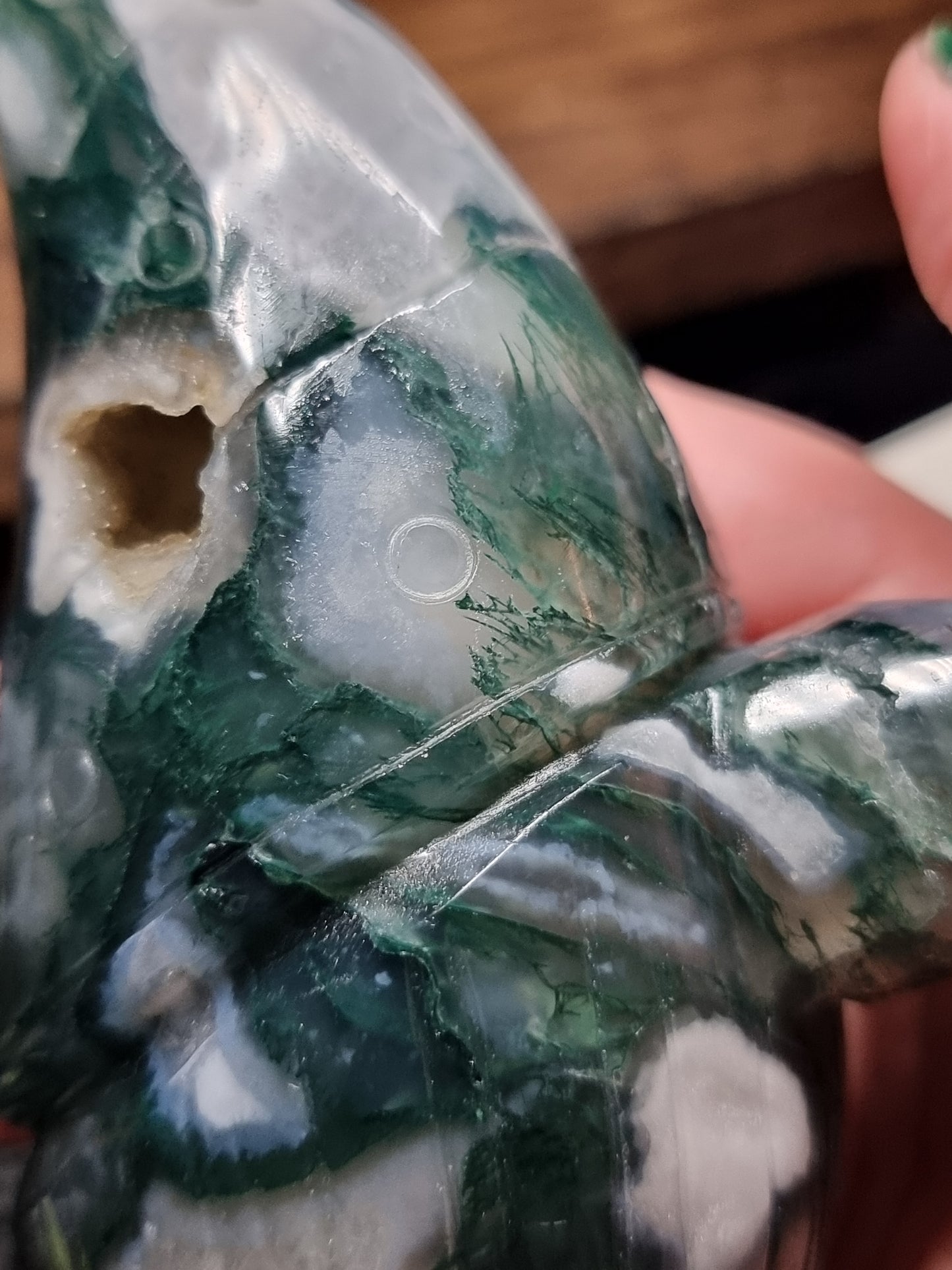 Moss agate gnome carving