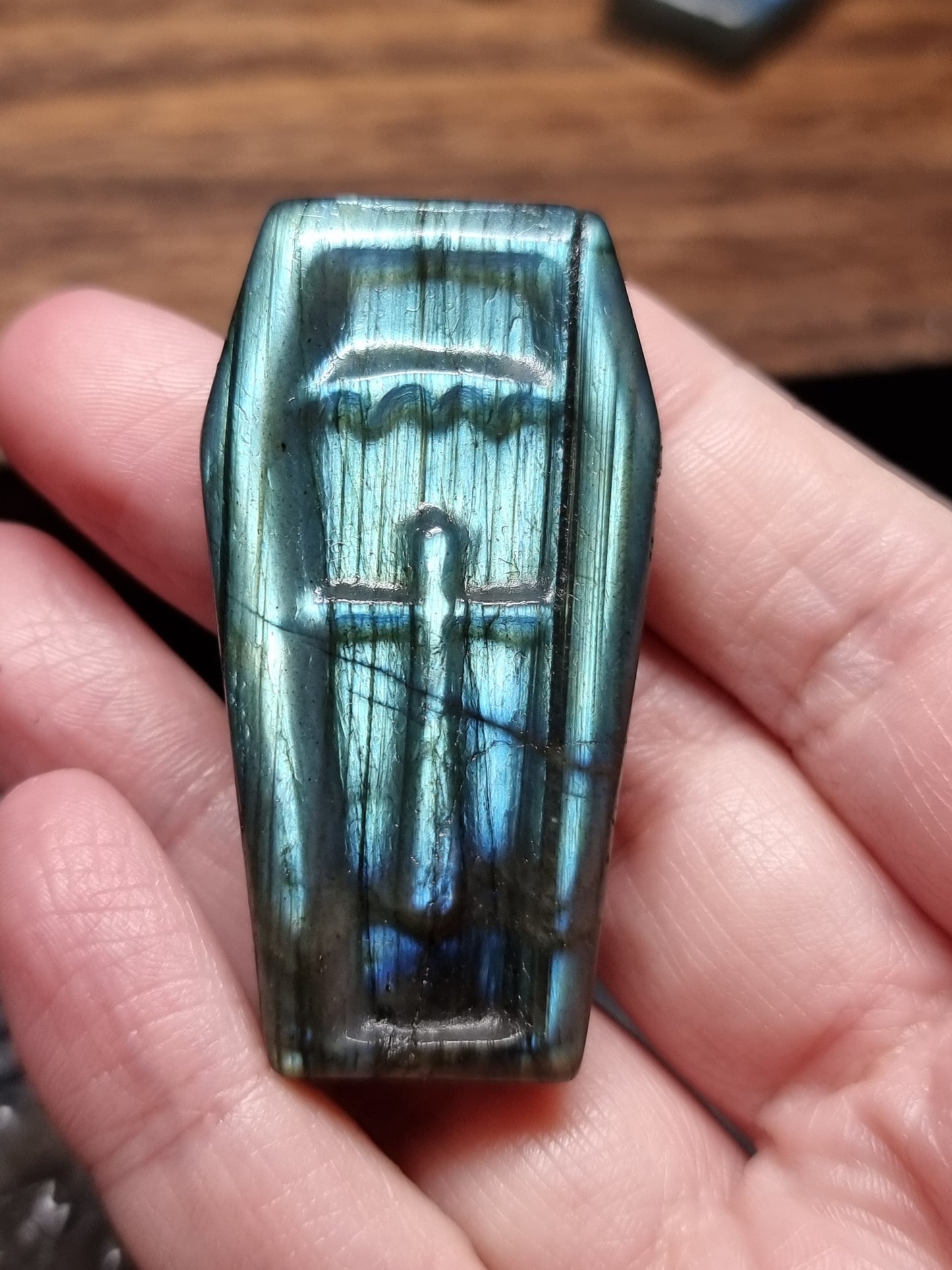 Labradorite coffin carvings