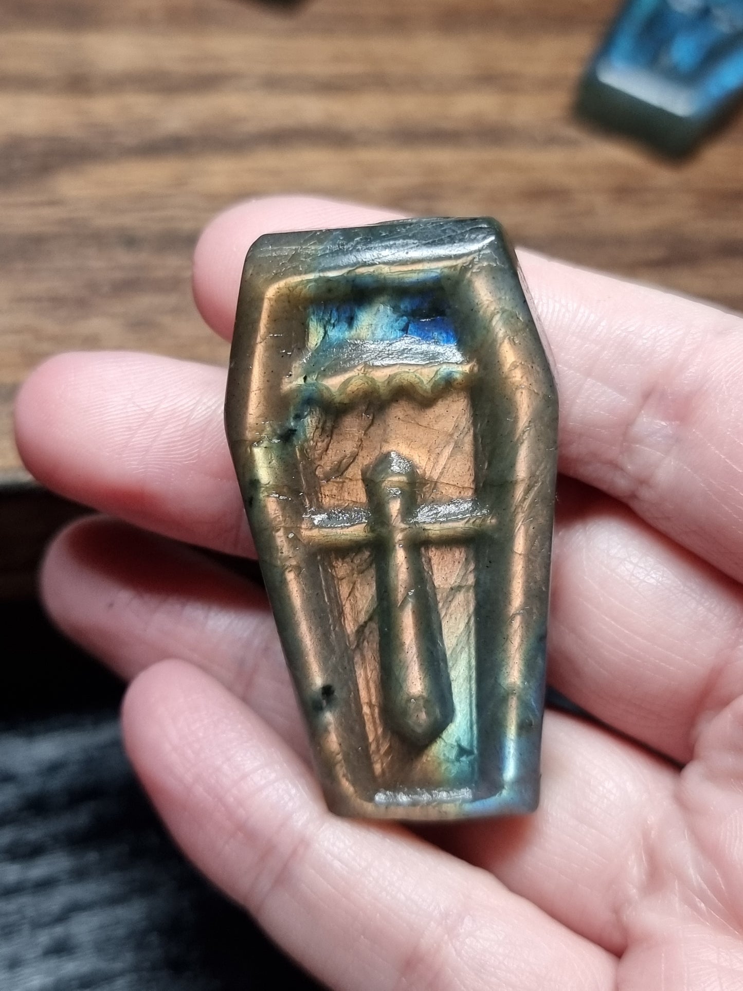 Labradorite coffin carvings