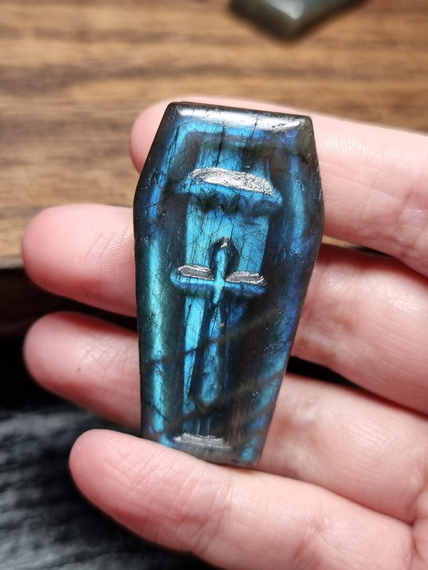 Labradorite coffin carvings