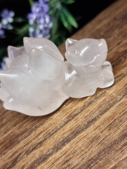 Rose quartz 9 tail fox carving