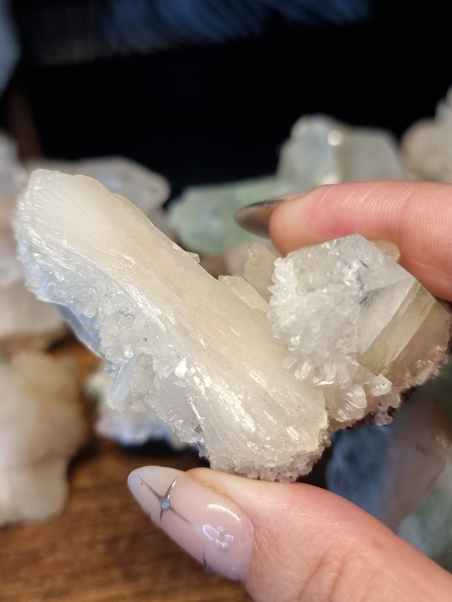 Gemmy green apophyllite with peach stilbite