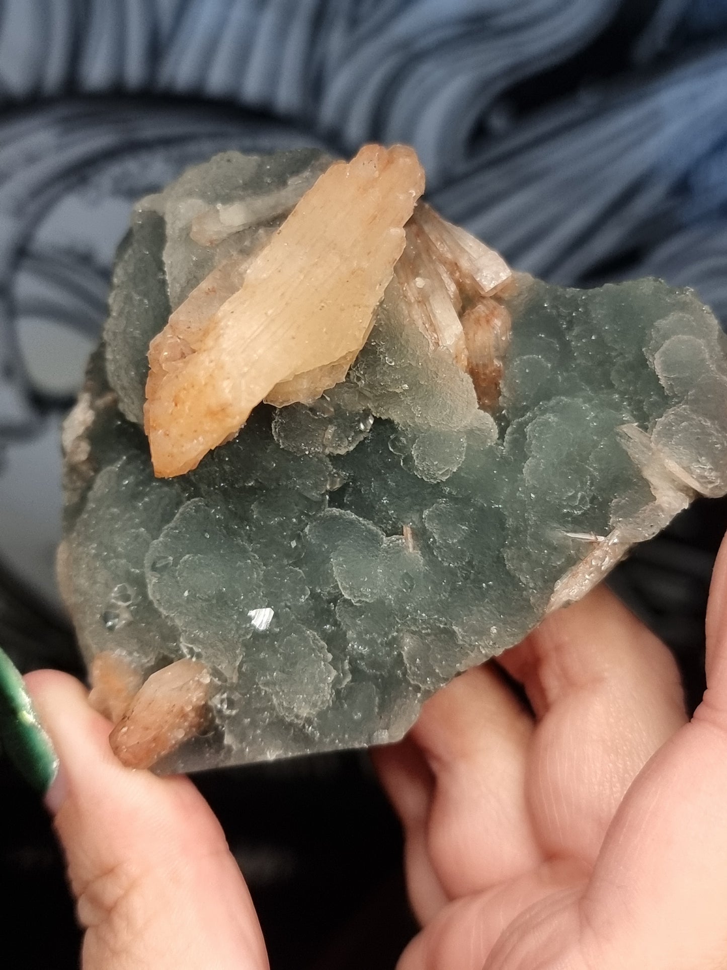 A grade smokey blue chalcedony with peach stilbite