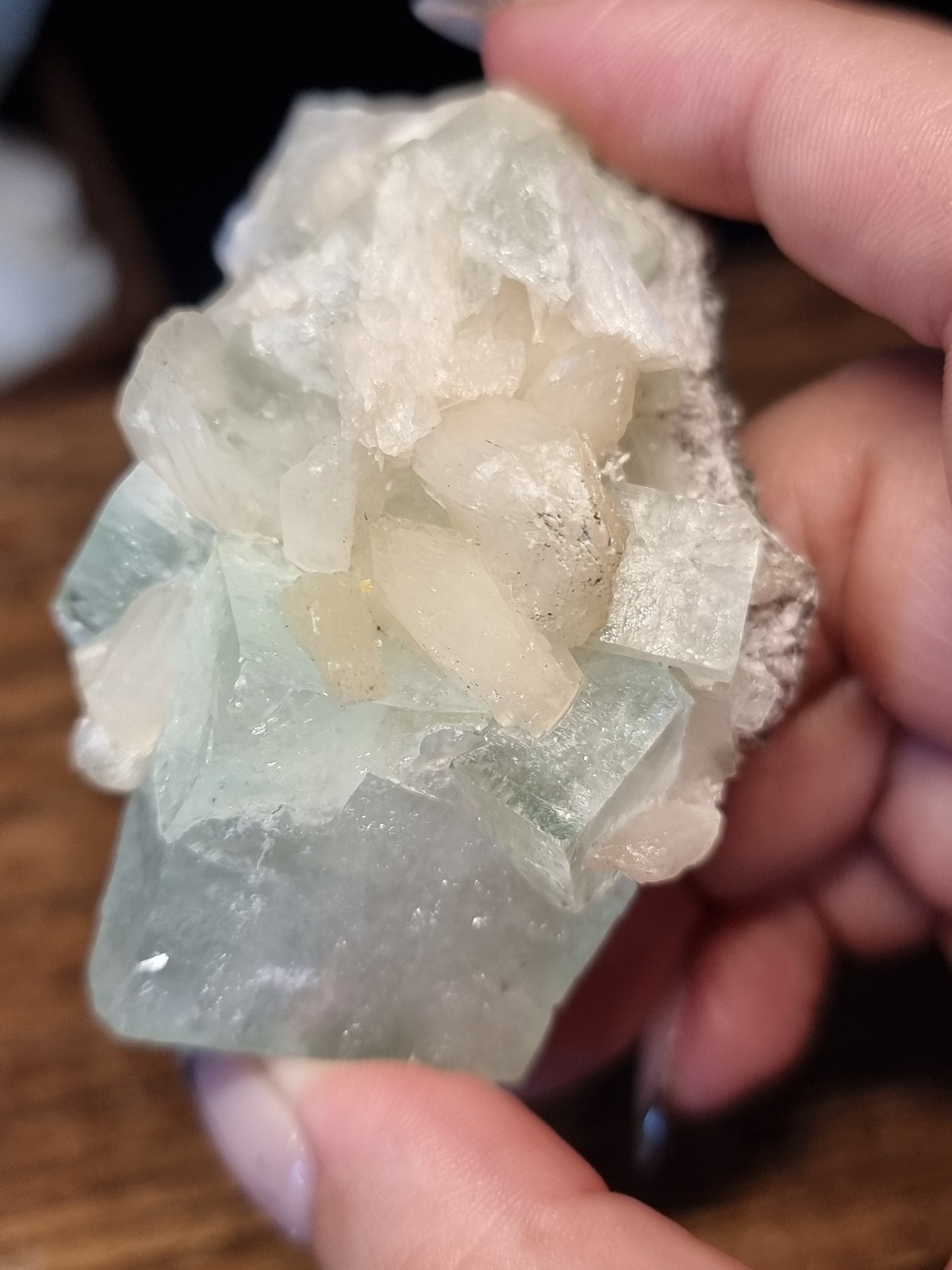 Gemmy green apophyllite with peach stilbite
