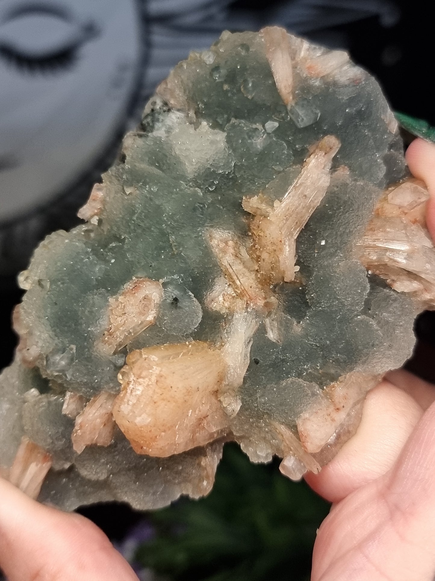 A grade smokey blue chalcedony with peach stilbite