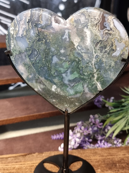 Moss agate heart on stand