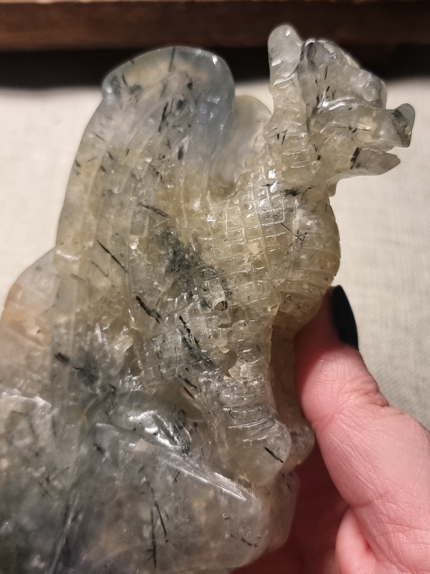 Hand carved prehnite dragon