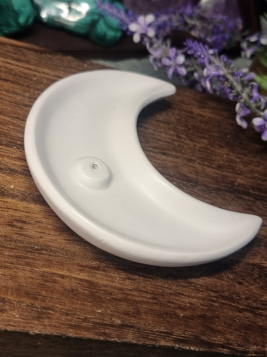 White crescent moon incense stick holder