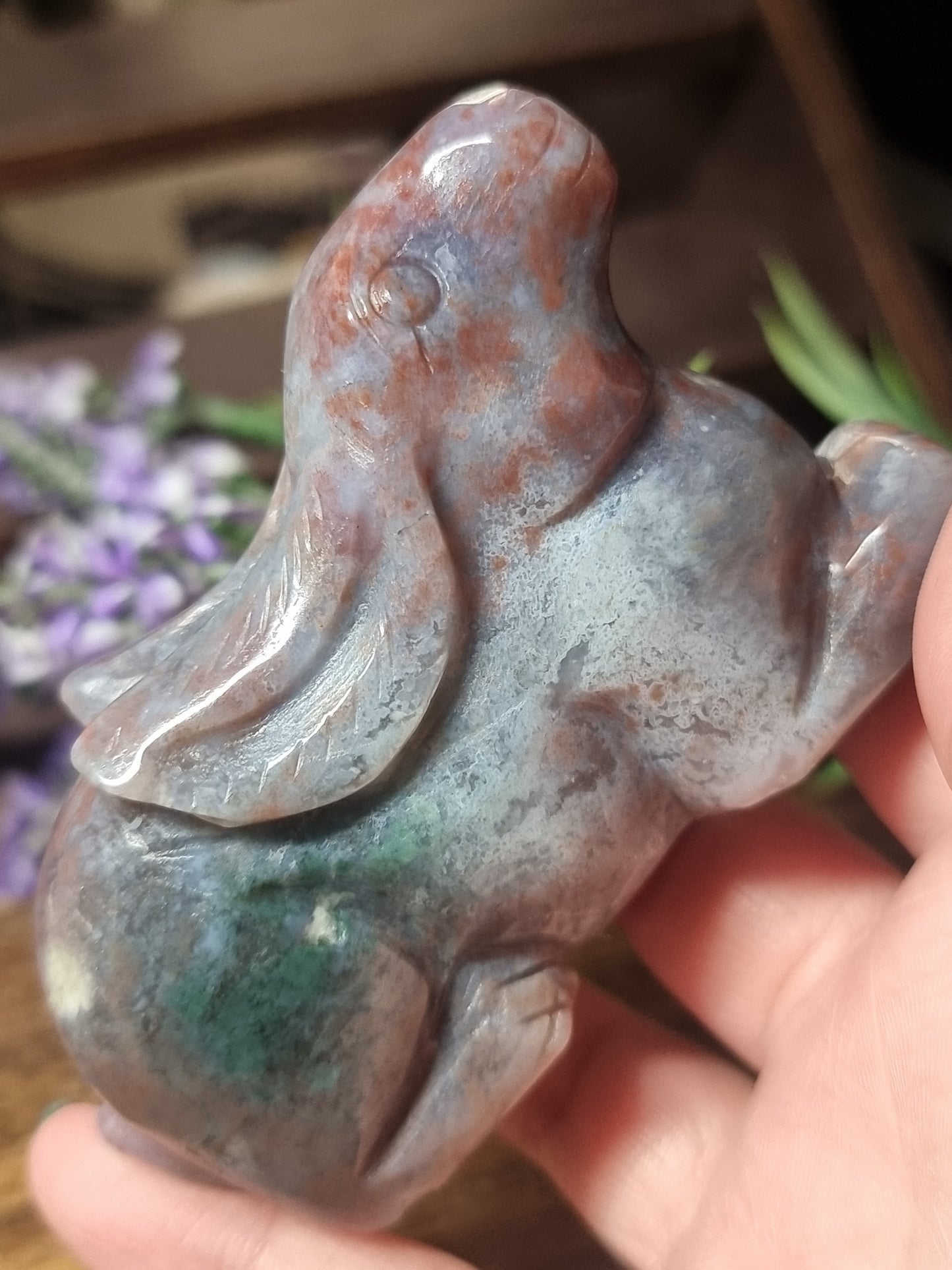 Colourful moss agate rabbit carving