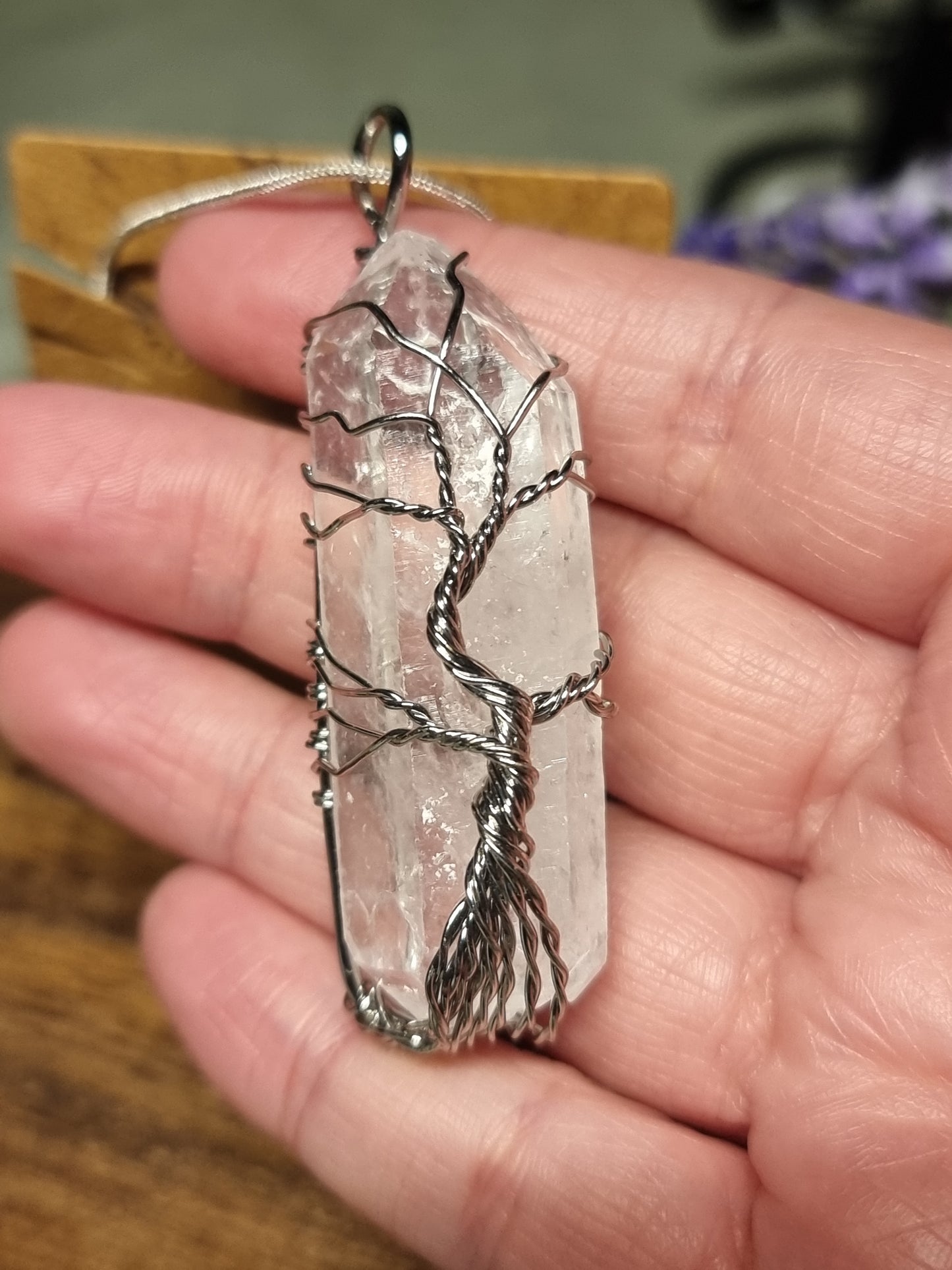 Large clear quartz wire wrapped necklace