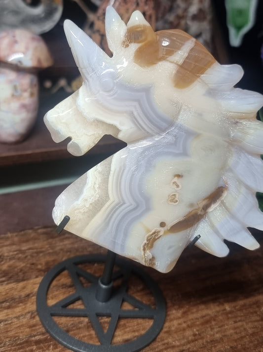 Agate unicorn carving on stand