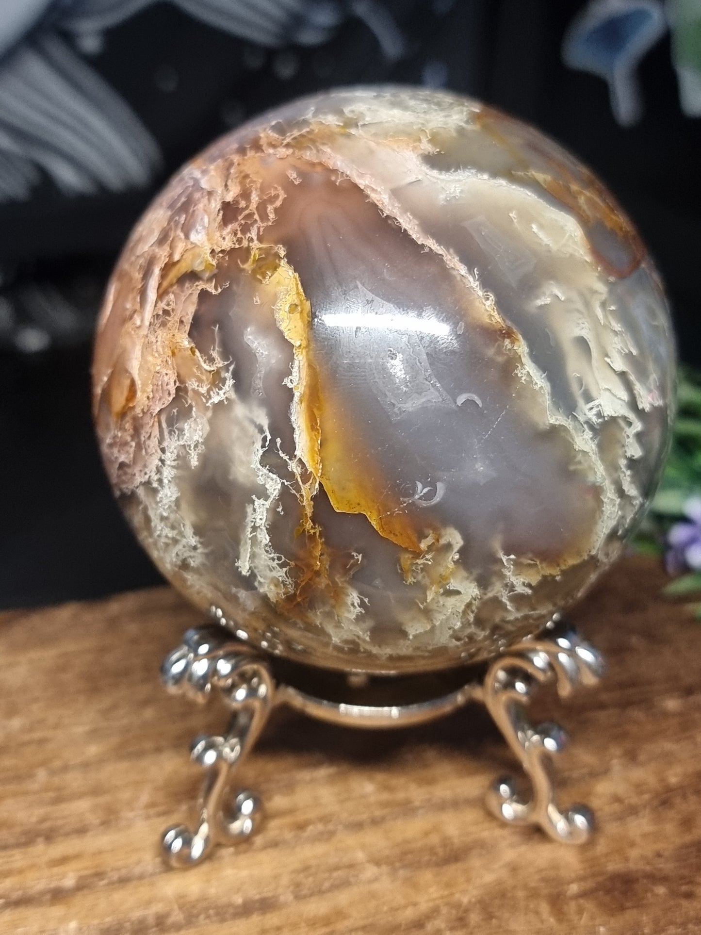 Colourful Moss agate sphere with small orca agate inclusions
