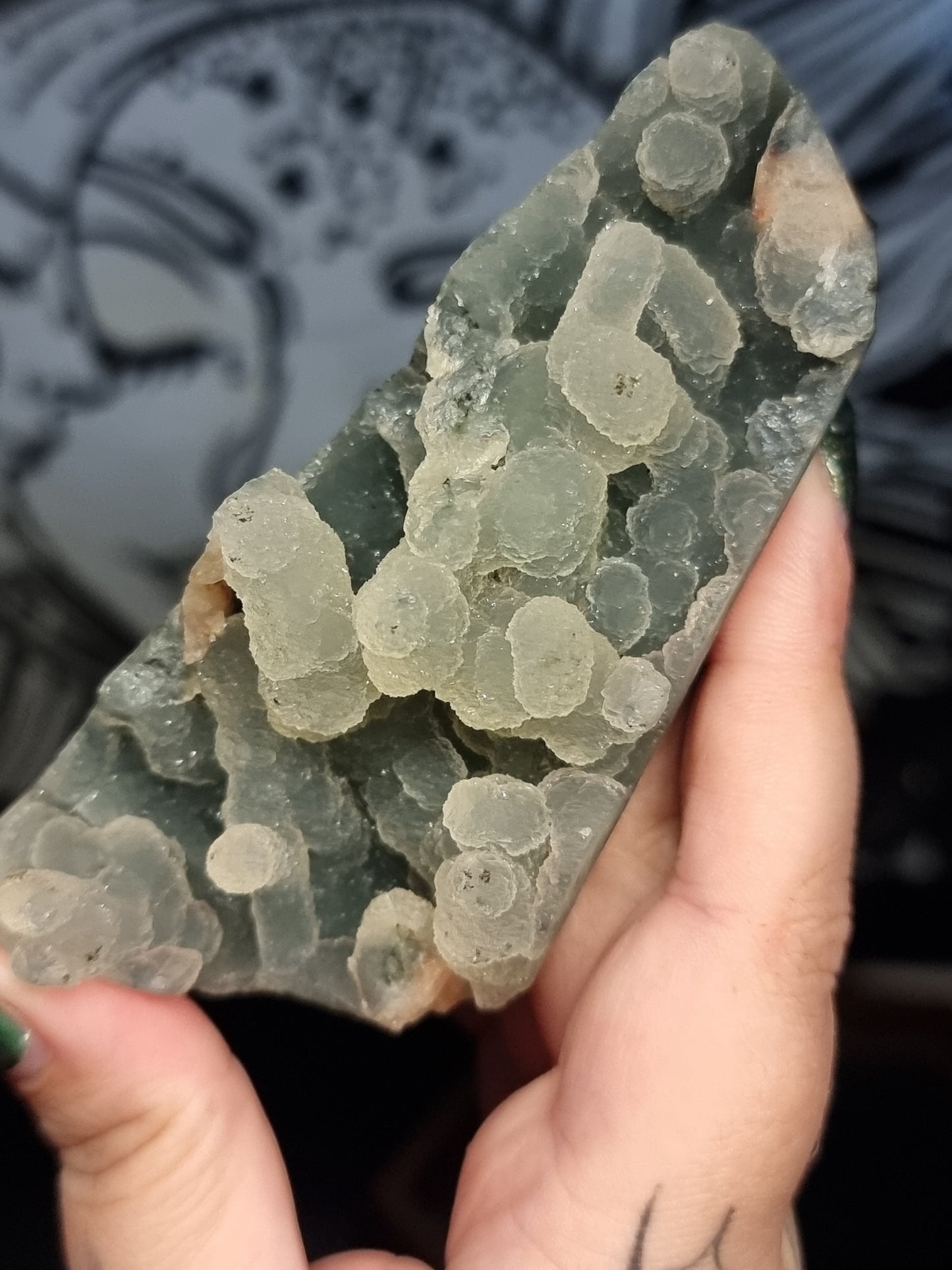 A grade smokey blue chalcedony with peach stilbite
