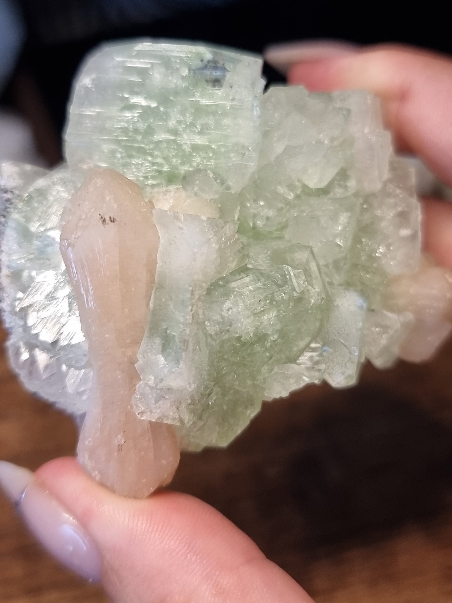 Gemmy green apophyllite with peach stilbite