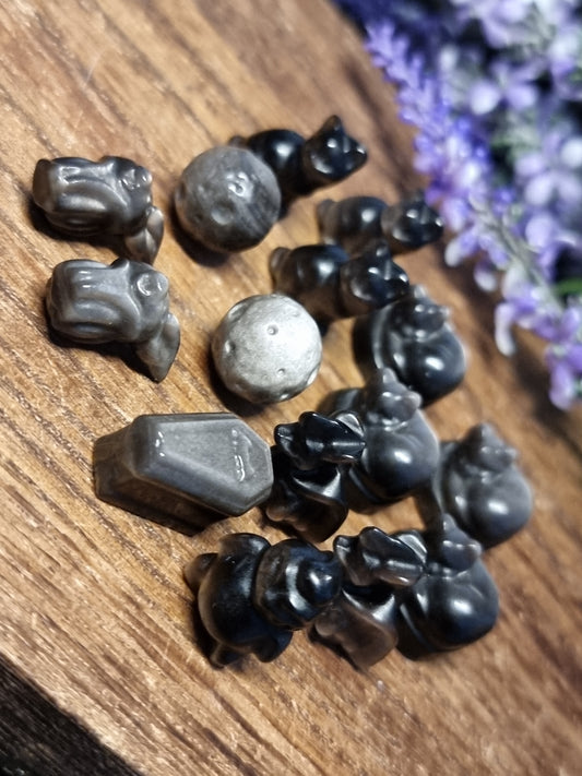 Mini silver obsidian carvings