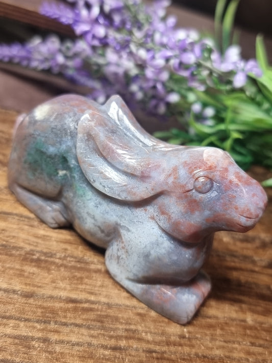 Colourful moss agate rabbit carving