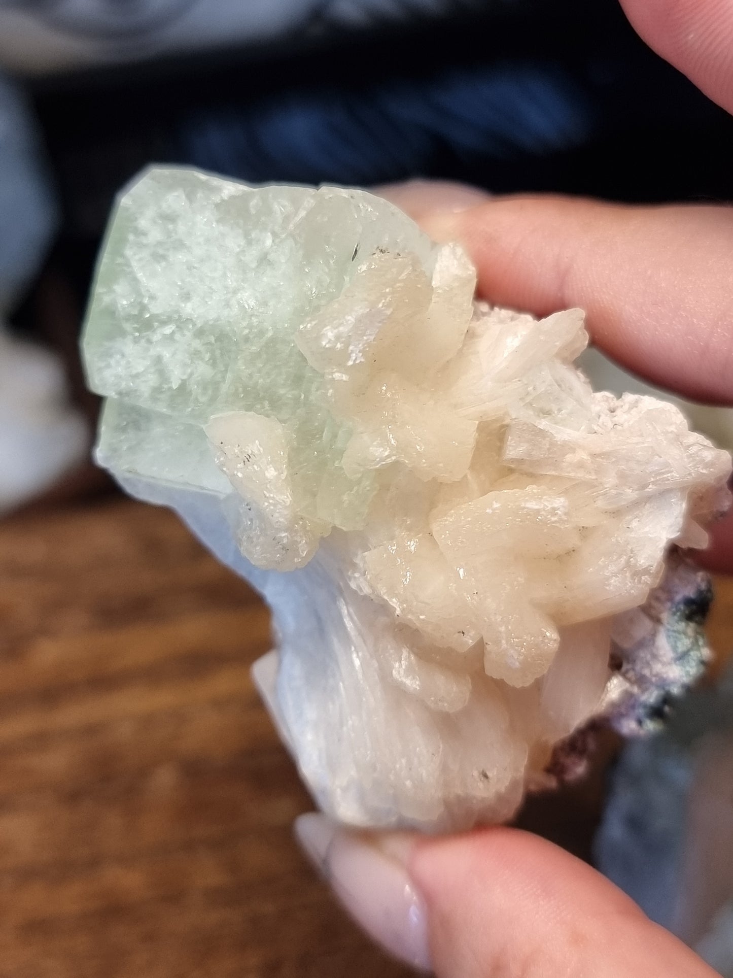 Gemmy green apophyllite with peach stilbite
