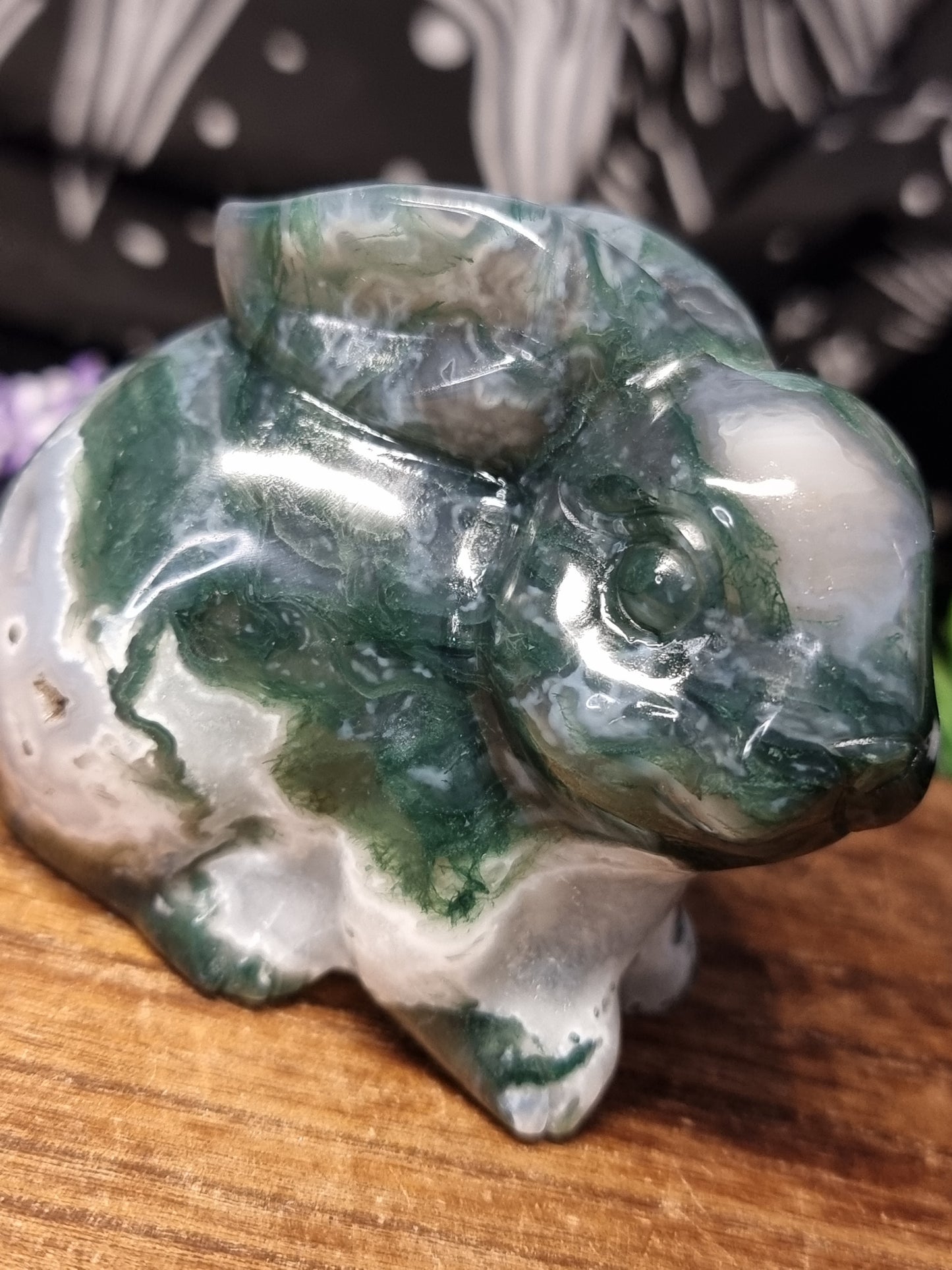 Moss agate bunny carving
