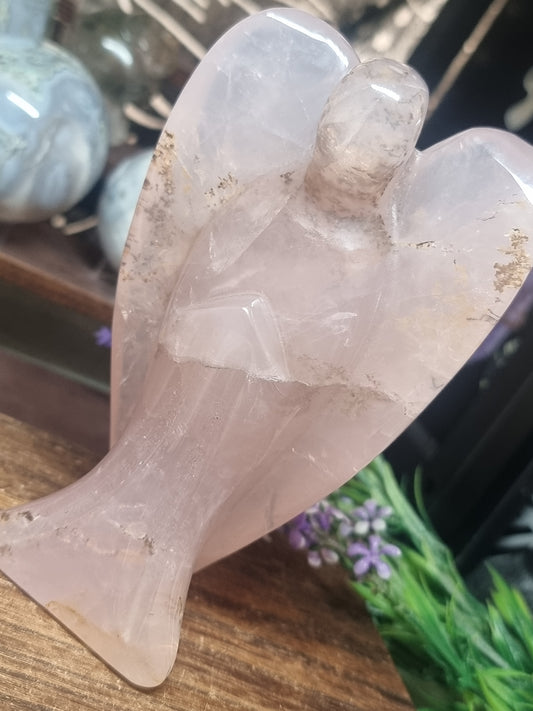 Denritic star Rose quartz with golden healer large angel carving