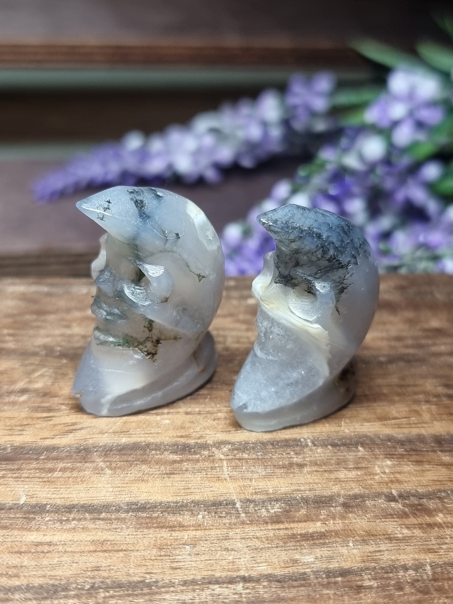Moss agate moon skulls
