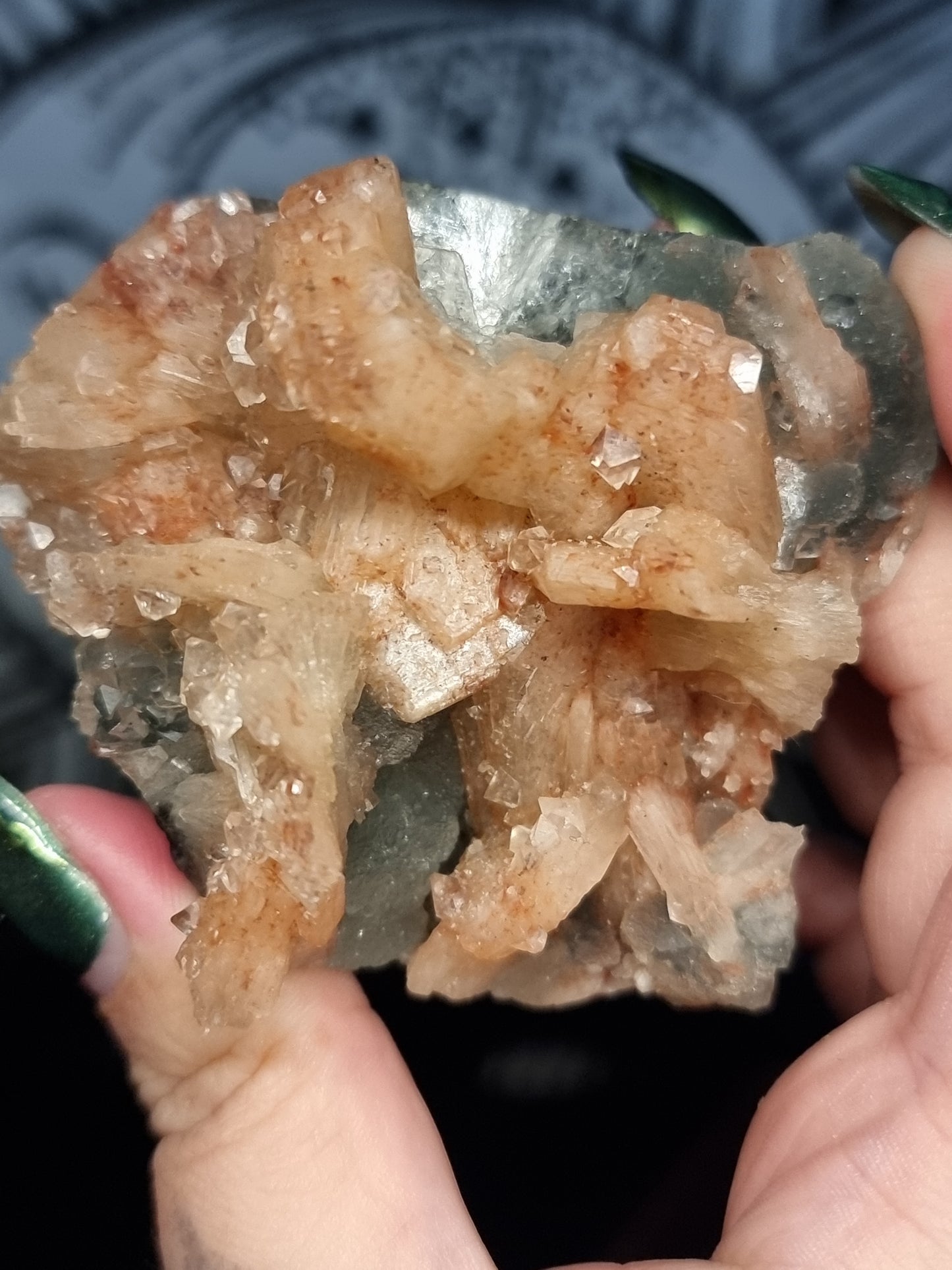 A grade smokey blue chalcedony with peach stilbite
