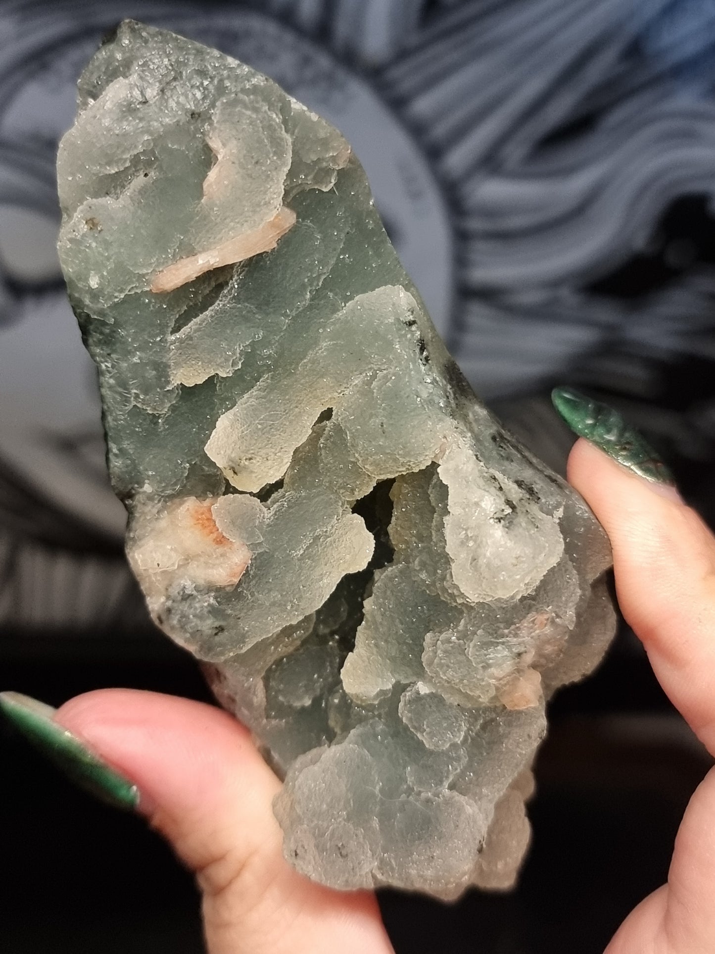 A grade smokey blue chalcedony with peach stilbite