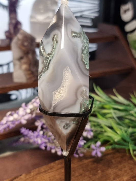Moss agate geometric DT in stand