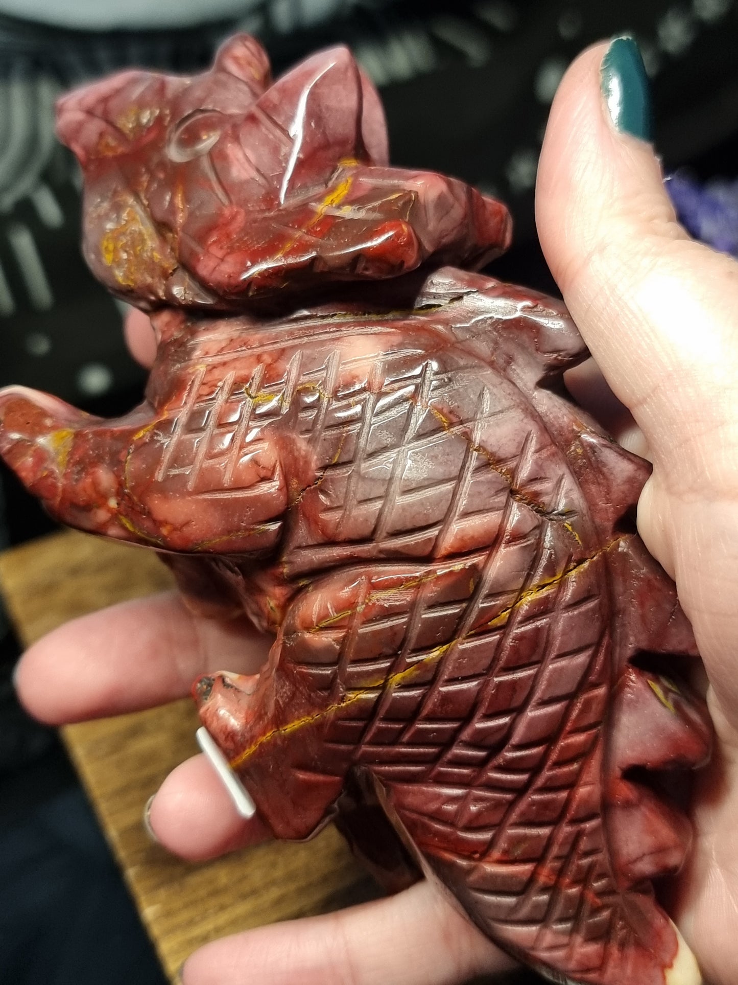 Mookaite dinosaur carving