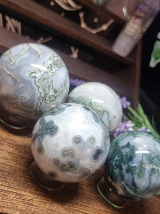 Moss agate spheres