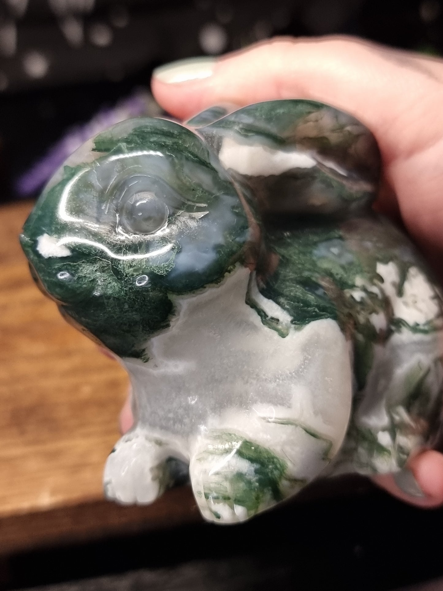 Moss agate bunny carving