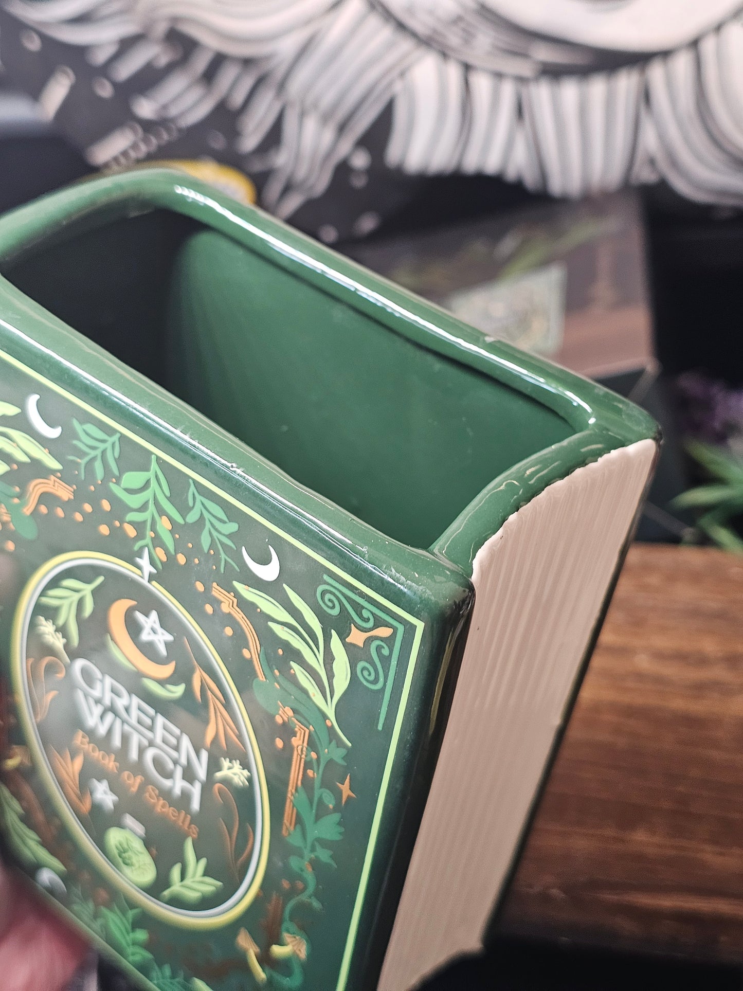 Green witch book vase