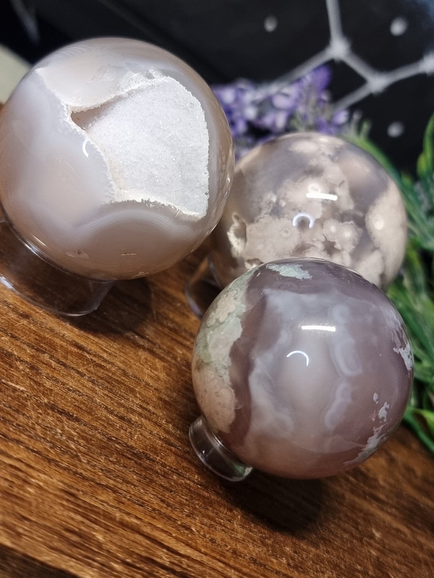 Green flower agate spheres