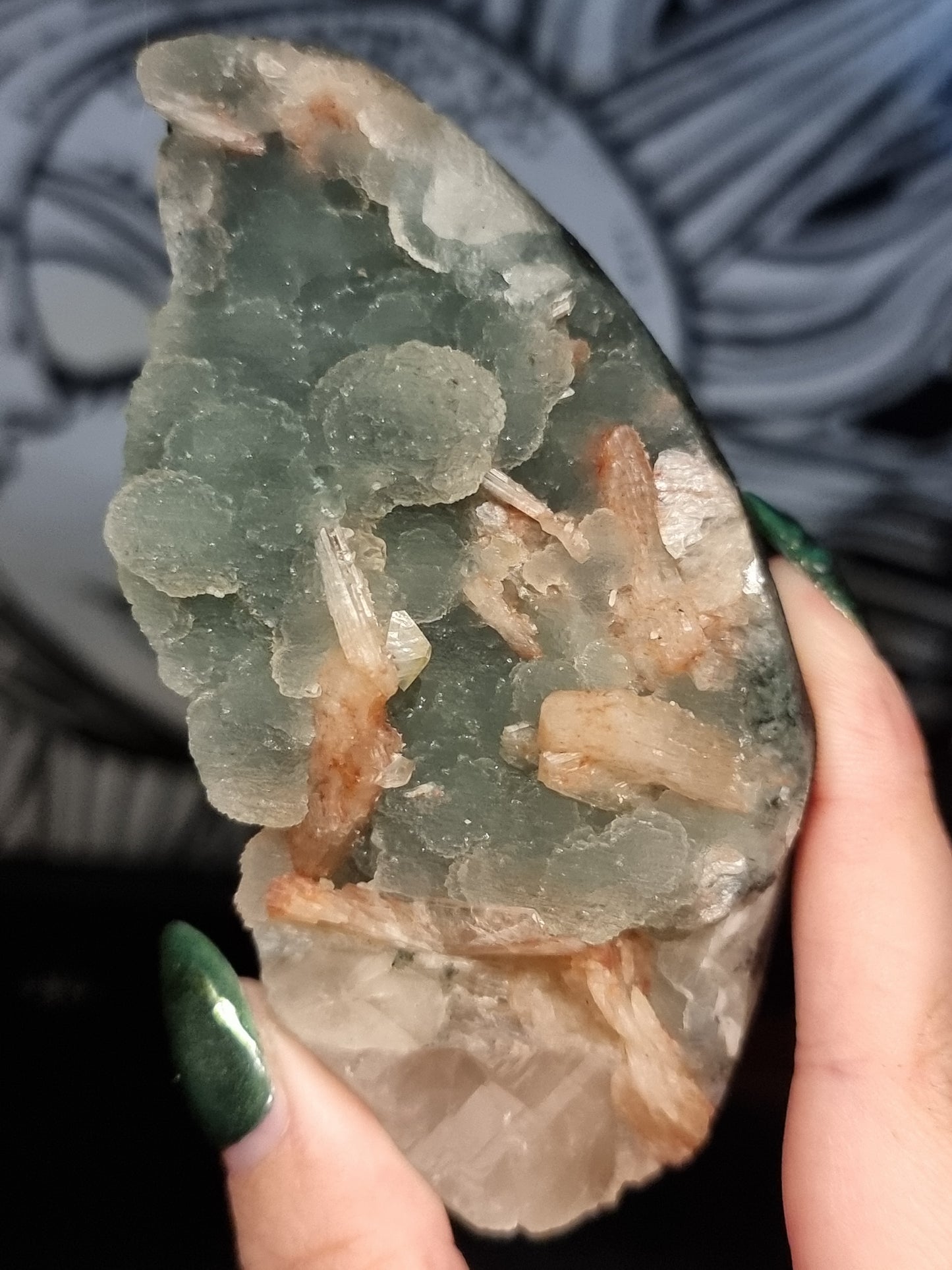 A grade smokey blue chalcedony with peach stilbite