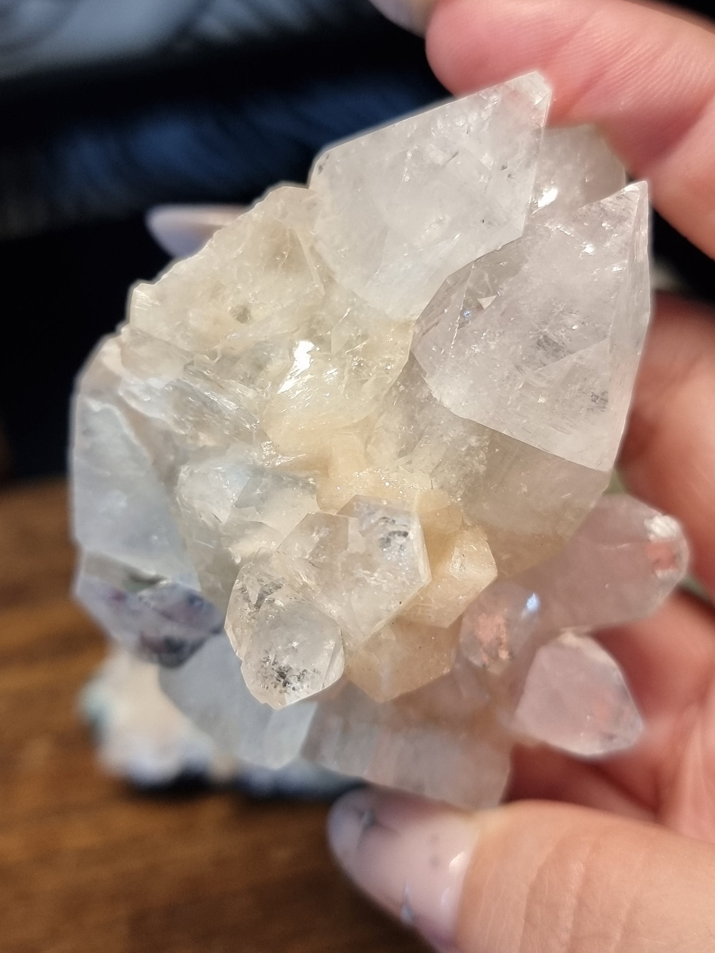 Gemmy green apophyllite with peach stilbite
